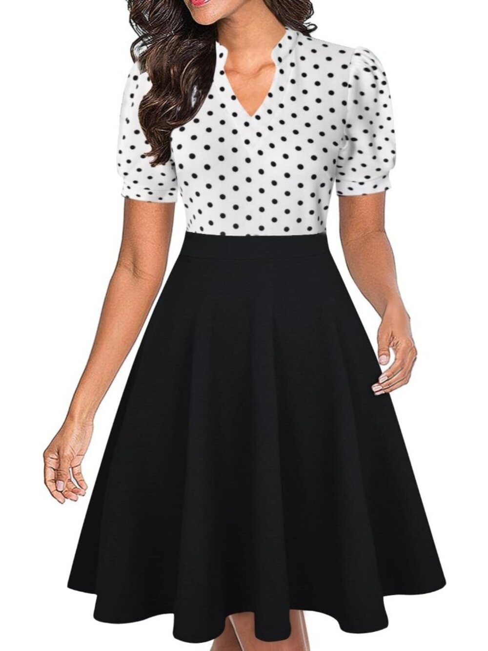 Women's Black White Polka Dot Fit & Flare Midi Dress Puff Sleeve with Pockets